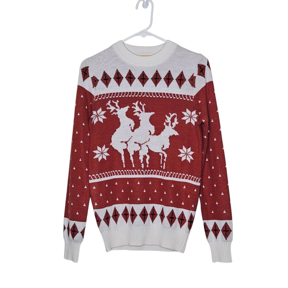 Tipsy Elves Christmas Sweater Naughty Reindeer Rust White Knit Holiday Festive S